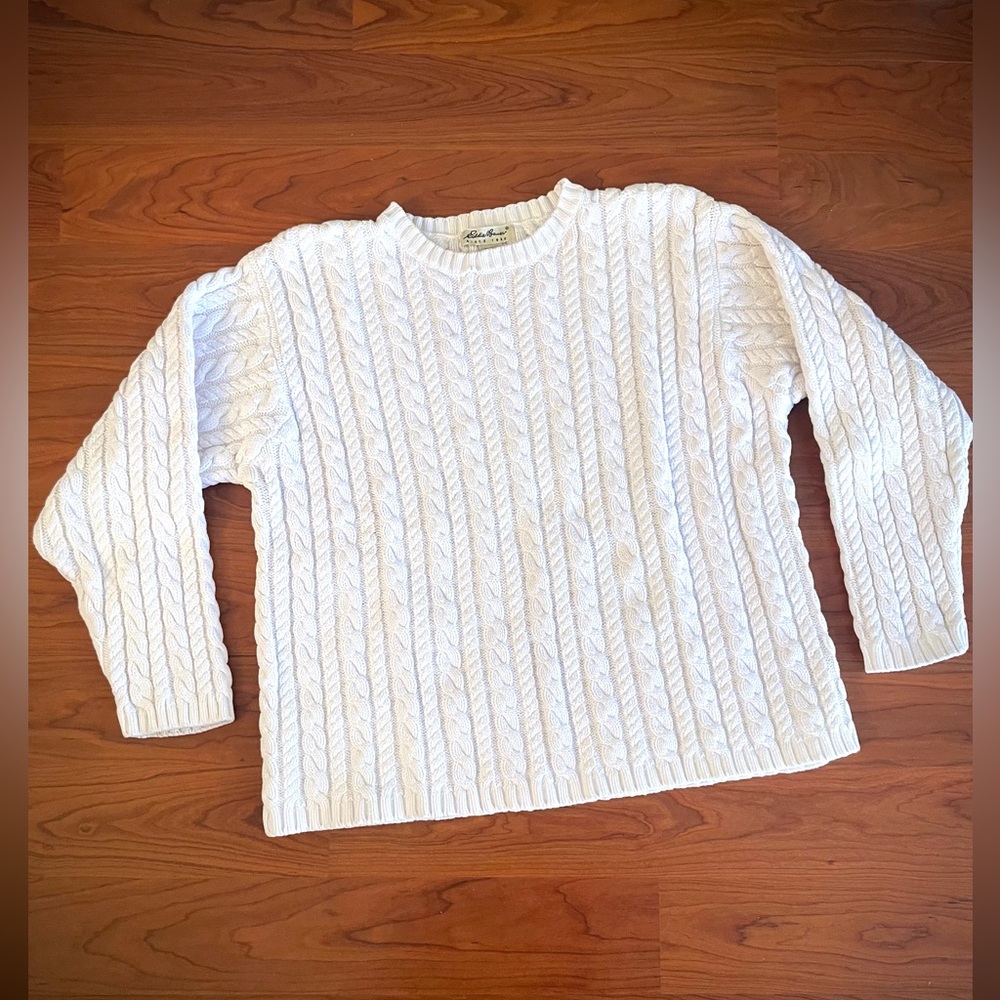 VTG Eddie Bauer Cable Knit Sweater White Chunky Fisherman 100% Cotton sz L -  XL - Picture 2 of 7